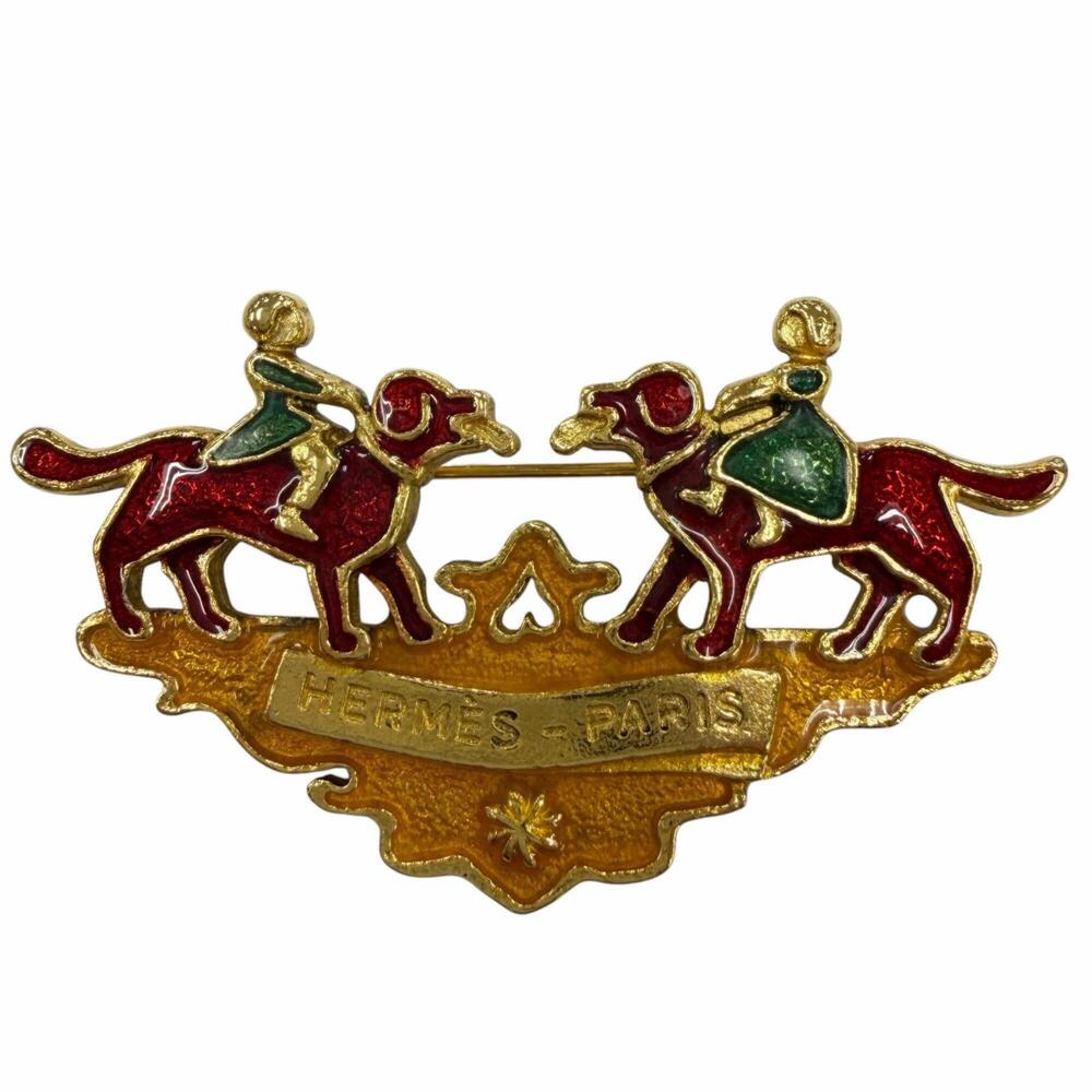HERMES Vintage Metal Cloisonné Brooch of Girl and Dog, Gold, Red, Green, Wome...